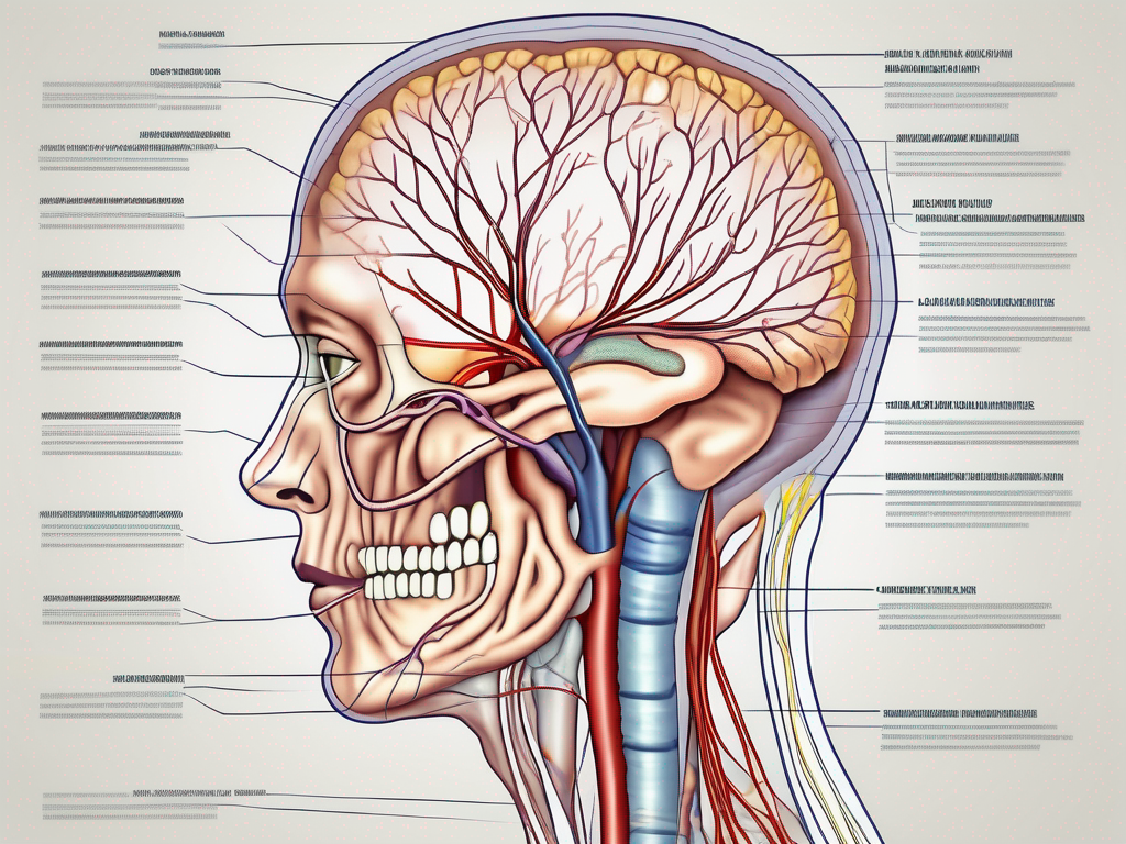 The human nervous system highlighting the path of the abducens nerve from the brainstem to the lateral rectus muscle in the eye