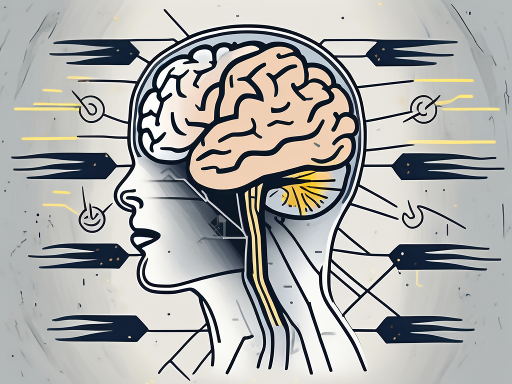 A human brain with highlighted abducens nerve and visual symbols indicating damage