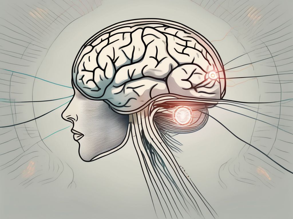 The human brain highlighting the path of the abducens nerve and its connection to the lateral rectus muscle in the eye